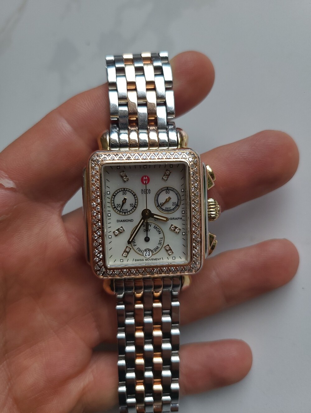 Michele Deco Tri Tone Diamond Yellow Gold Rose Gold And Silver Watch
